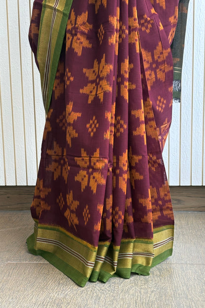 Odisha Ikkat Khandua Cotton Saree - Coffee