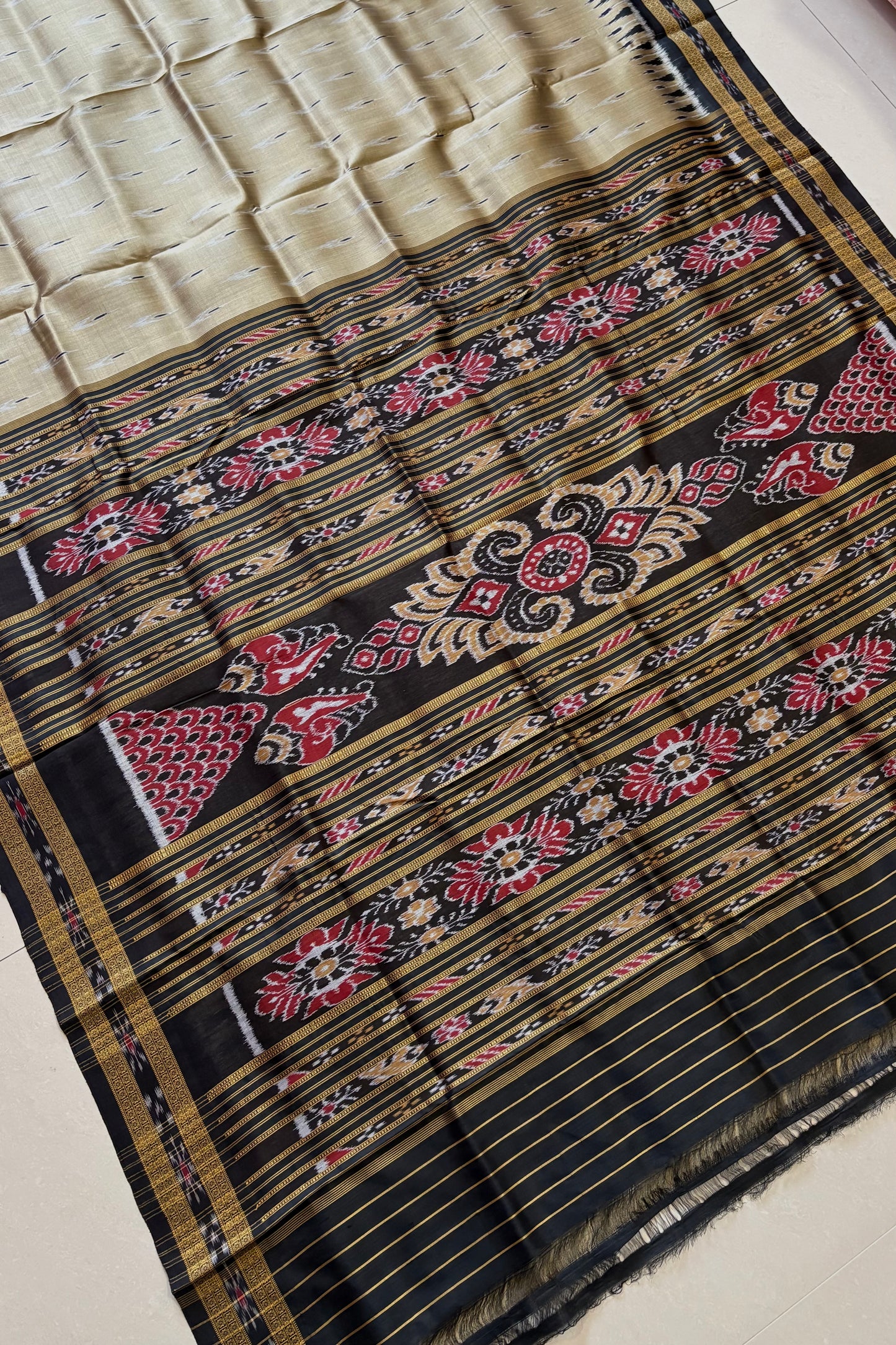Odisha Ikkat Khandua Pure Silk Saree- Mayura Chandrika - Brushed Beige