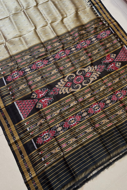 Odisha Ikkat Khandua Pure Silk Saree- Mayura Chandrika - Brushed Beige