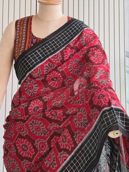 Exclusive Odisha Ikkat Khandua Cotton Saree - Red-Black