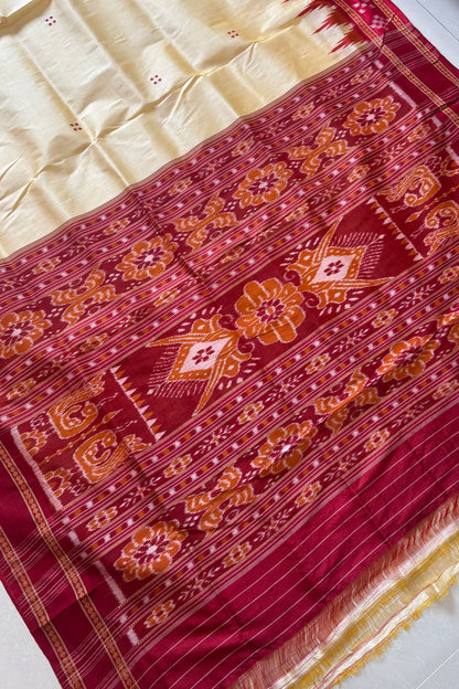 Pasapali Border Khandua Ikkat Silk Saree - Butter Cream