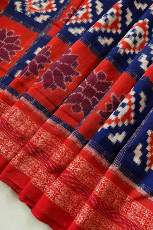 Exclusive Sambalpuri Pure Cotton Saree - Orange and Blue