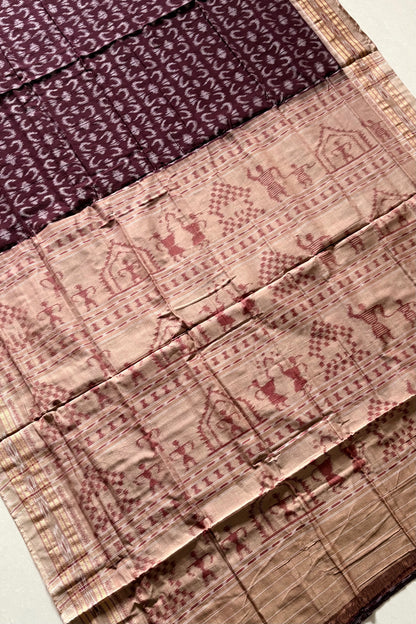 Nuapatna Ikkat Khandua Cotton Saree - Coffee