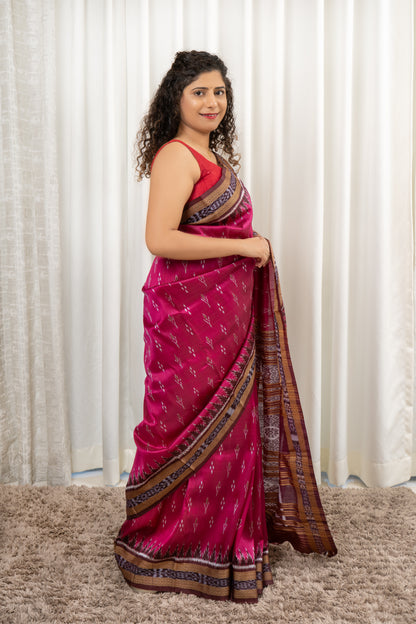 Odisha Ikkat Khandua Silk Saree - Mayura Chandrika- Pink