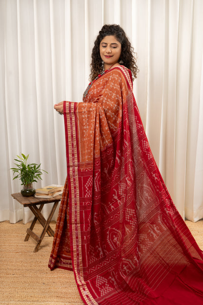 Exclusive Odisha Ikkat Khandua Cotton Saree - Rust Brown