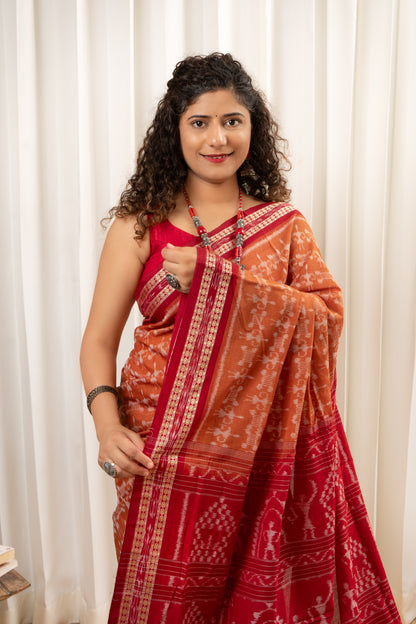 Exclusive Odisha Ikkat Khandua Cotton Saree - Rust Brown