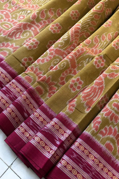 Odisha Ikkat Khandua Cotton Saree-  Khaki