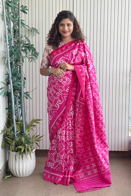 Exclusive Odisha Ikkat Khandua Pure Silk Saree- Pink