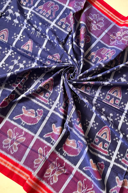 Odisha Ikkat Khandua Cotton Saree - Dark Indigo