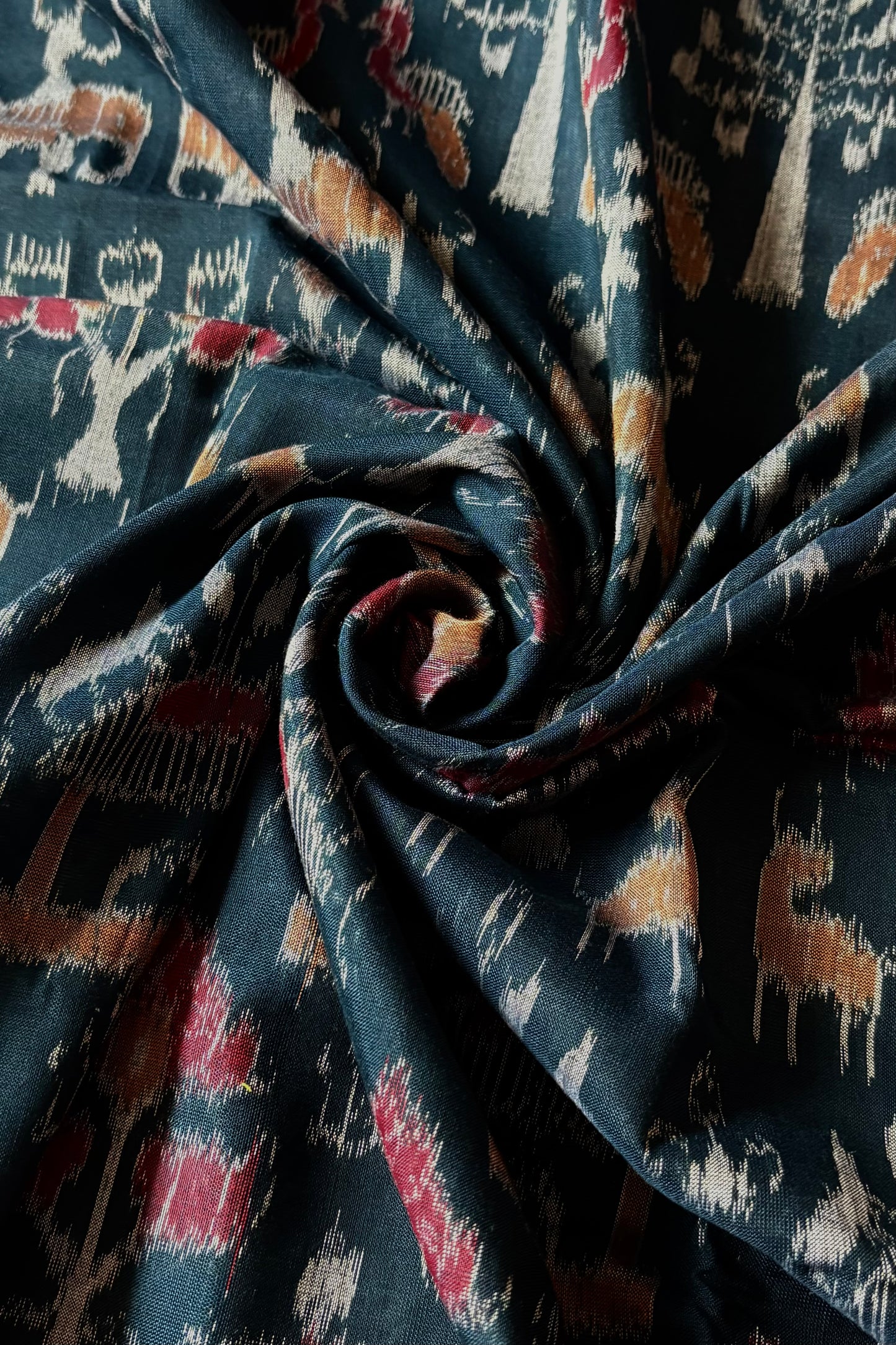 Exclusive Curvilinear Sambalpuri Ikkat Pure Cotton Saree : Teal & Red