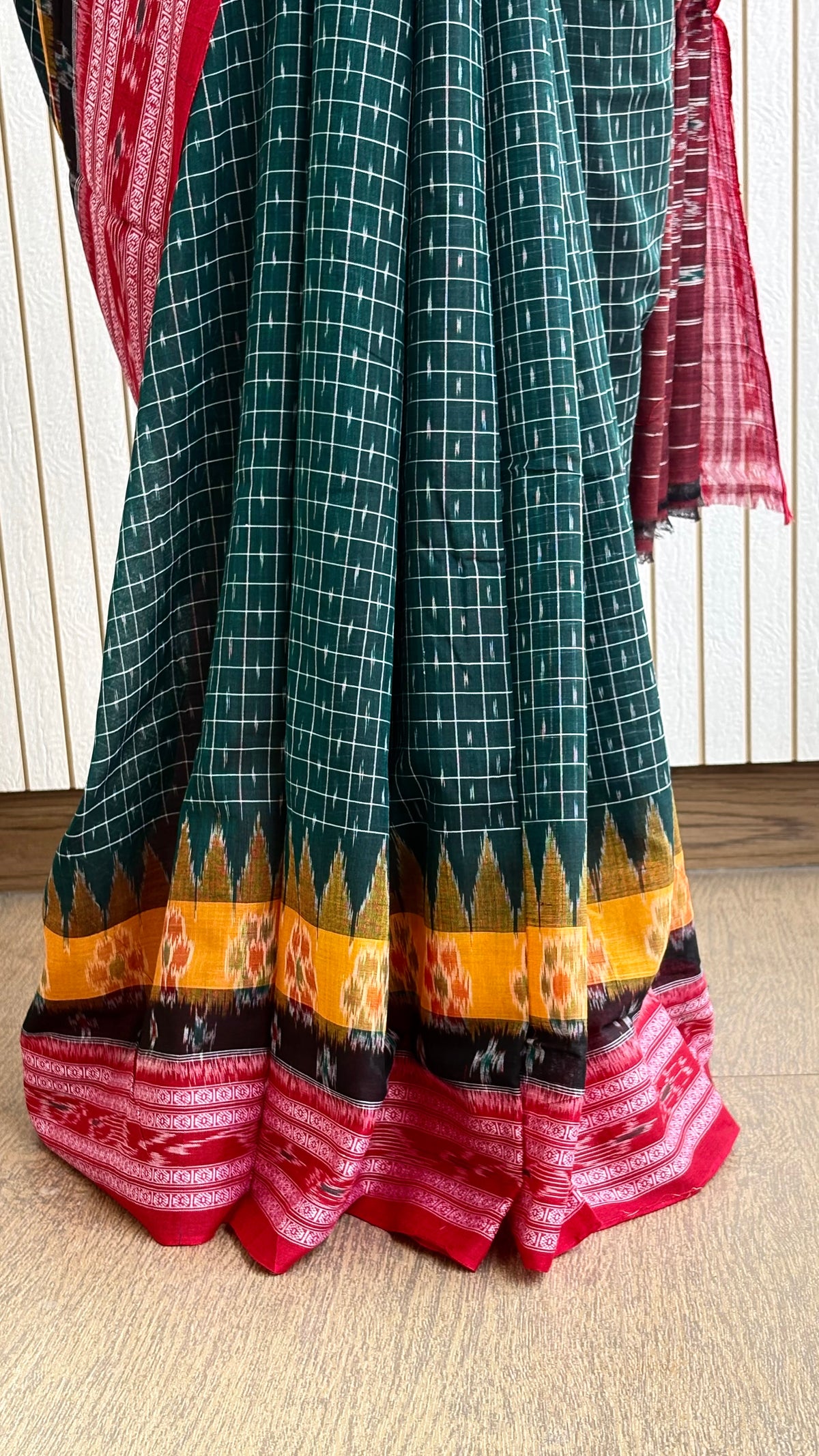 Odisha Ikkat Khandua Cotton Saree - Bottle Green