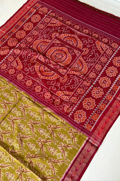 Odisha Ikkat Khandua Cotton Saree-  Mehendi Green