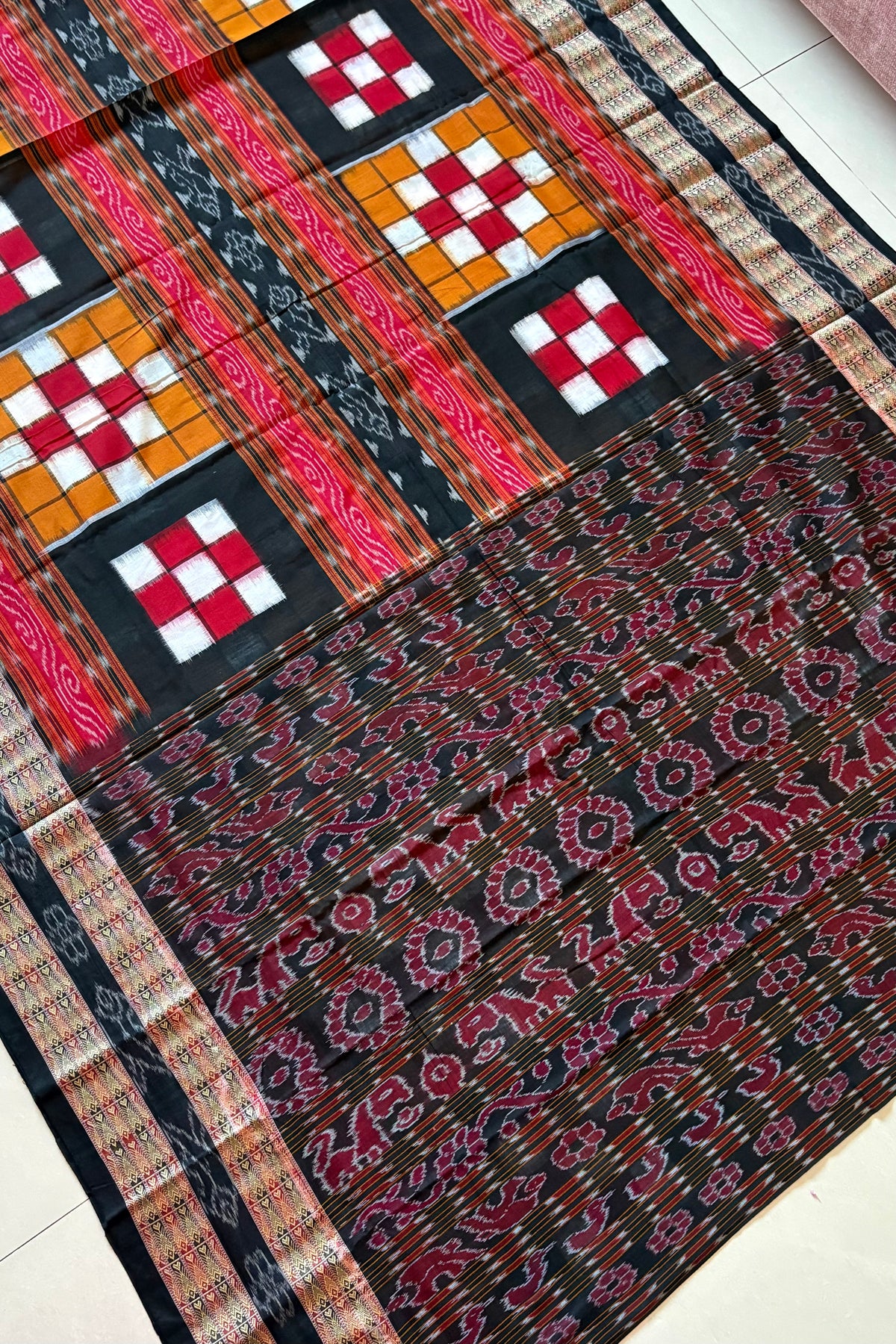 Sambalpuri Bichitrapuri Pure Cotton Saree: Black, Red & Orange