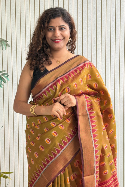 Odisha Ikkat Pure Khandua Silk Saree-Dual Shine Olive