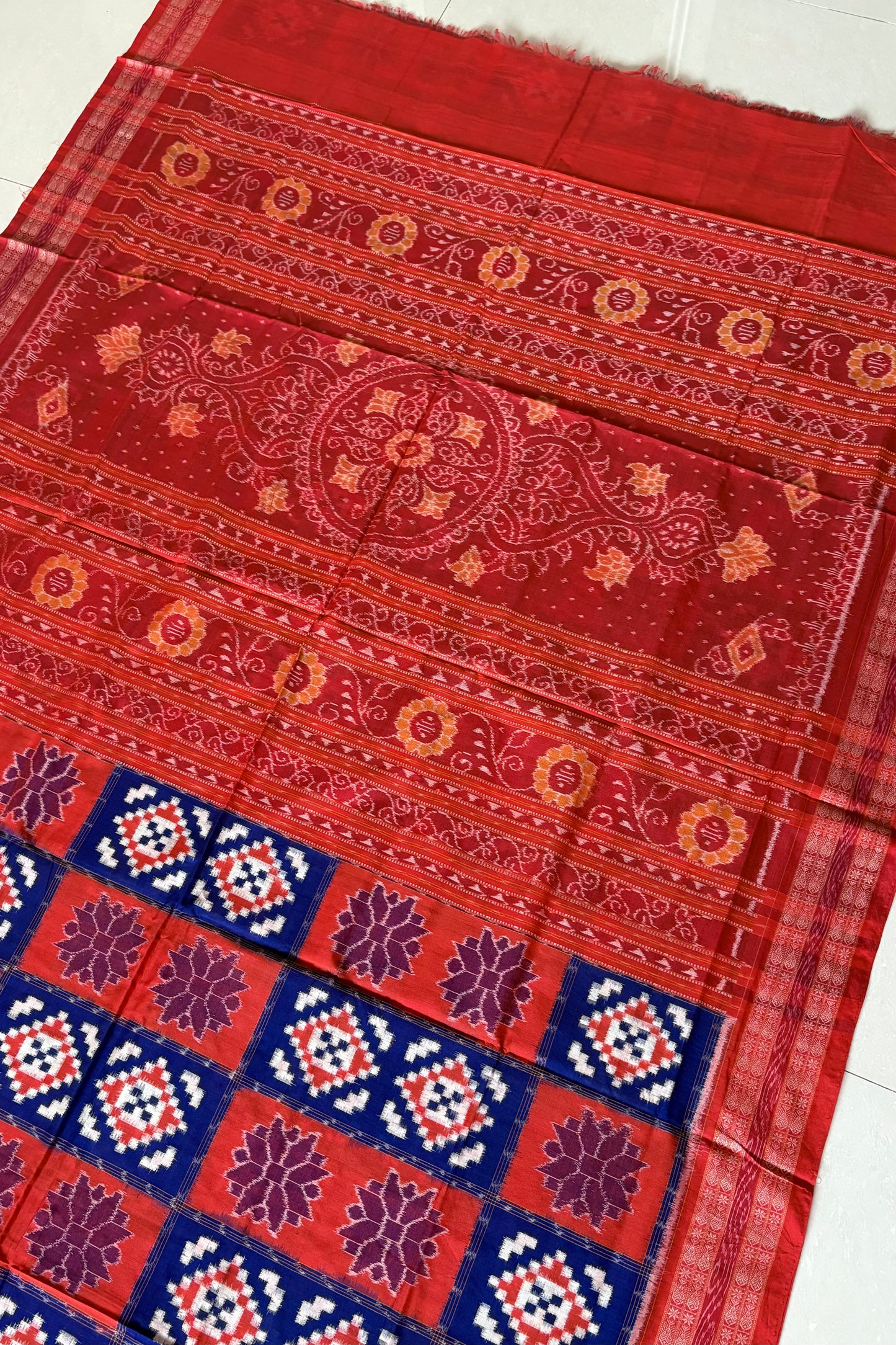 Exclusive Sambalpuri Pure Cotton Saree - Orange and Blue