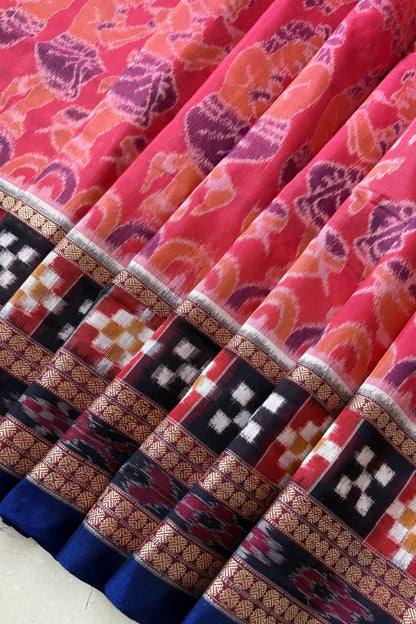 Exclusive Curvilinear Sambalpuri Ikkat Pure Cotton Saree : Pink & Blue
