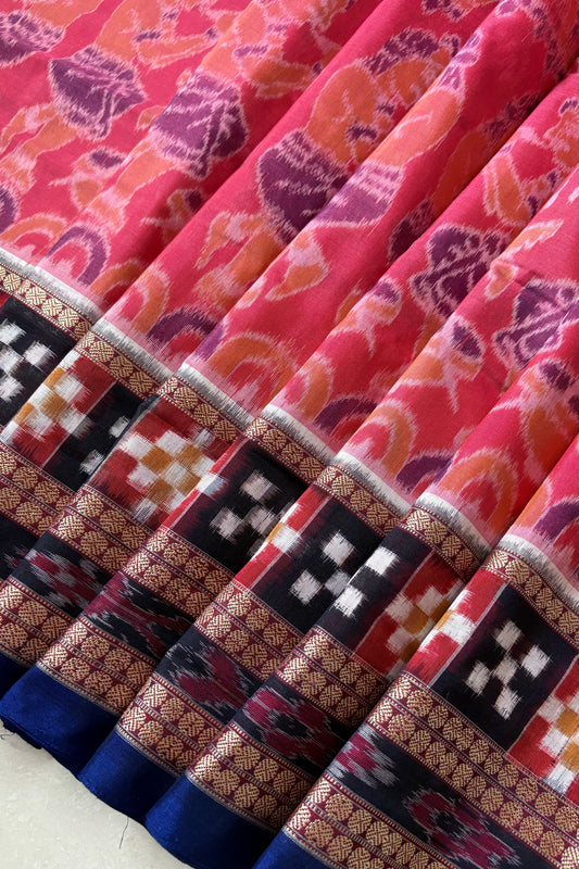 Exclusive Curvilinear Sambalpuri Ikkat Pure Cotton Saree : Pink & Blue