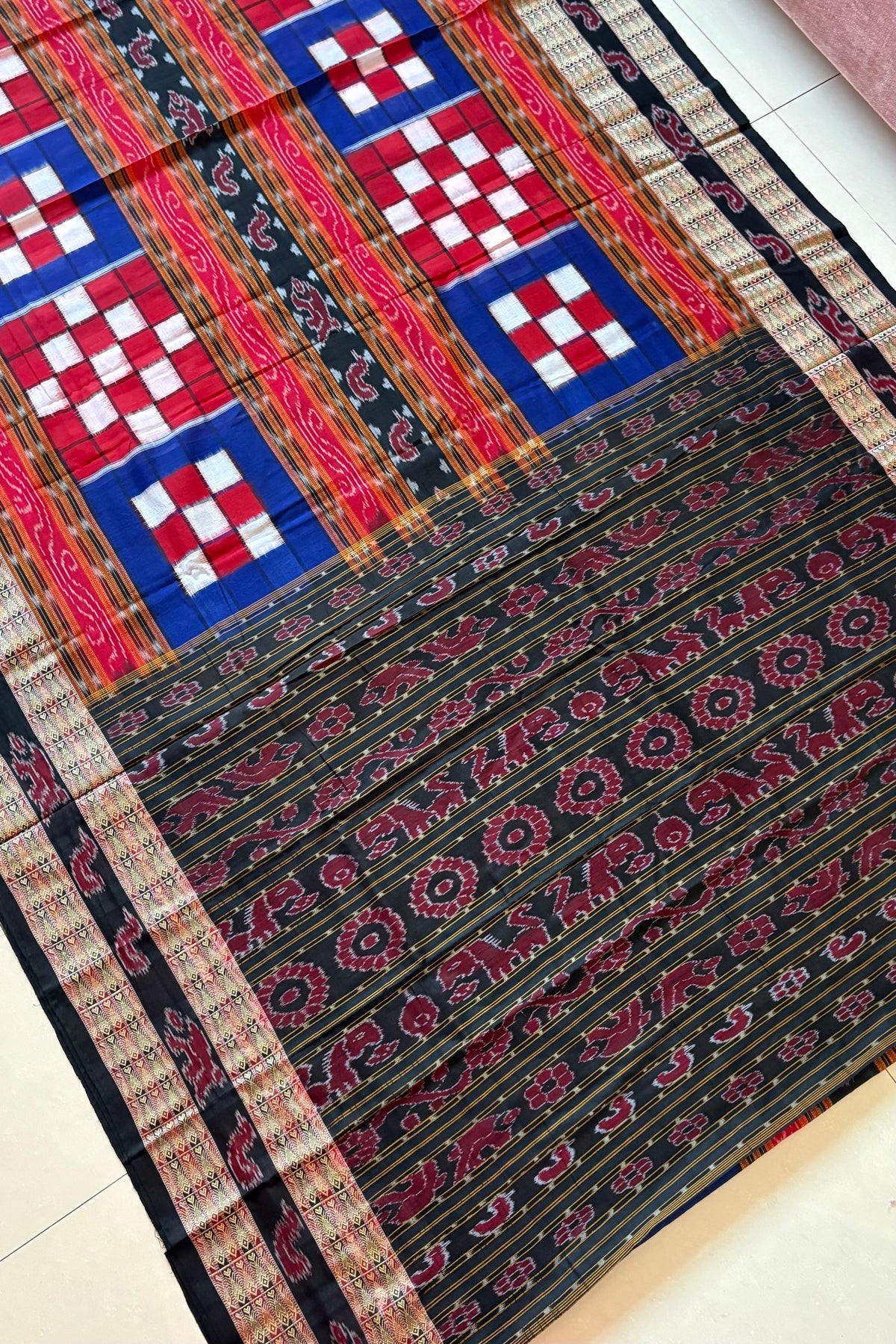 Sambalpuri Bichitrapuri Pure Cotton Saree: Blue, Red & Black