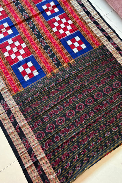 Sambalpuri Bichitrapuri Pure Cotton Saree: Blue, Red & Black