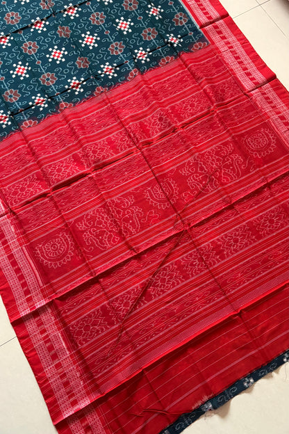 Sambalpuri Pure Cotton Saree - Deep Teal Green