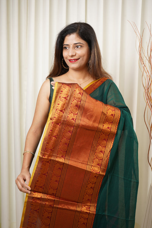 Narayanpet Mercerized Cotton Saree With Zari Border - Green 2