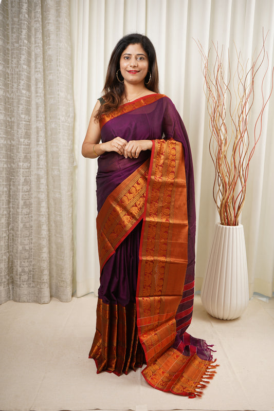 Narayanpet Mercerized Cotton Saree With Zari Border - Purple 2