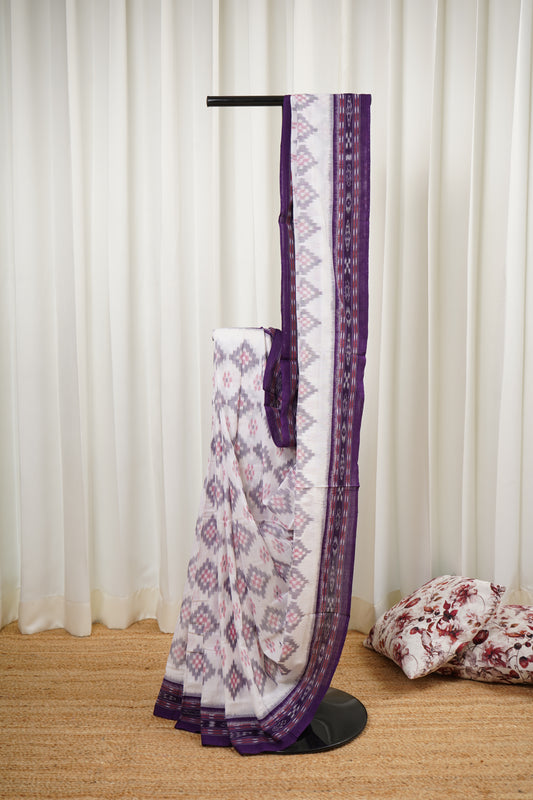Odisha Ikkat Khandua Cotton Saree- White-Purple