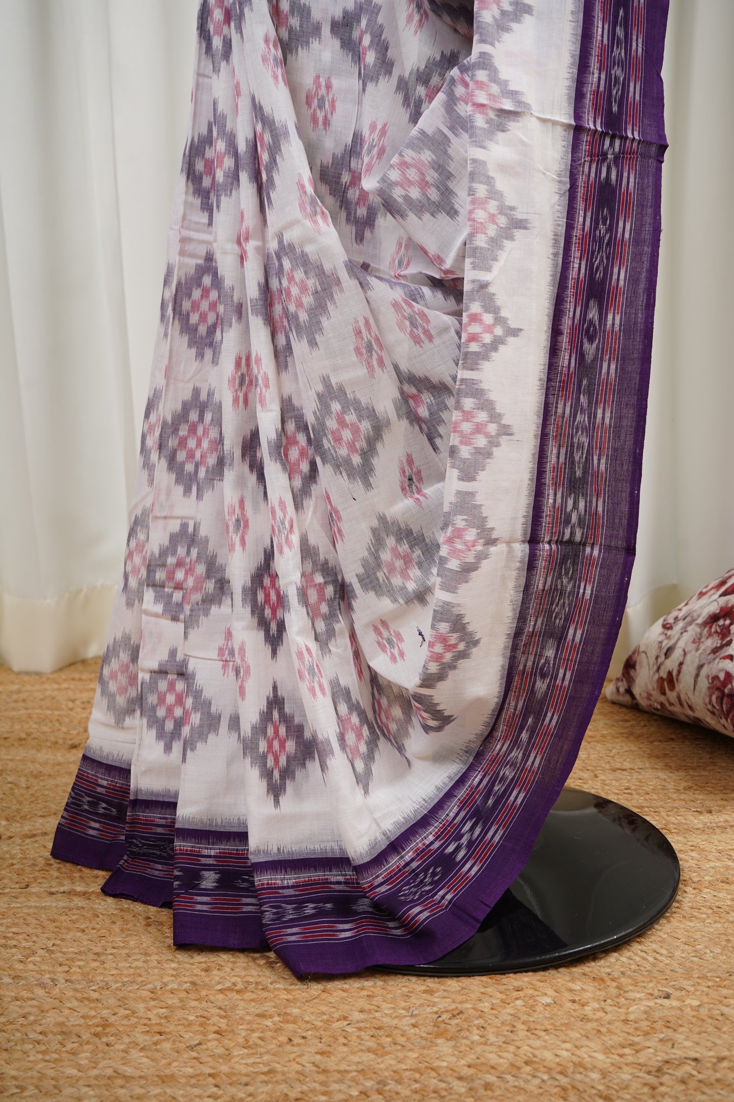 Odisha Ikkat Khandua Cotton Saree- White-Purple