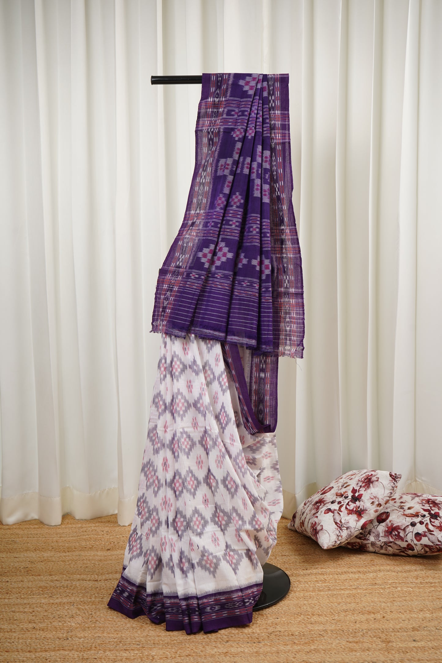 Odisha Ikkat Khandua Cotton Saree- White-Purple