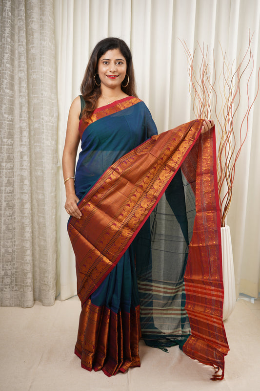 Narayanpet Mercerized Cotton Saree With Zari Border - Peacock Blue