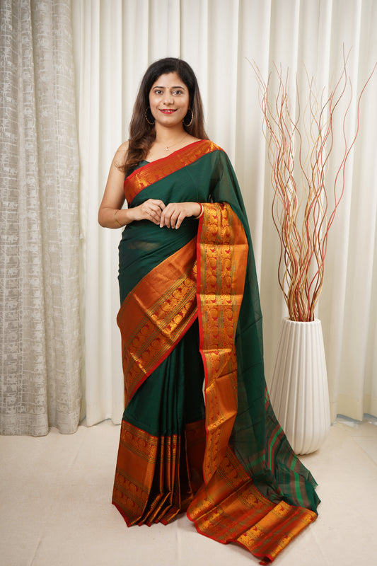 Narayanpet Mercerized Cotton Saree With Zari Border - Green 1