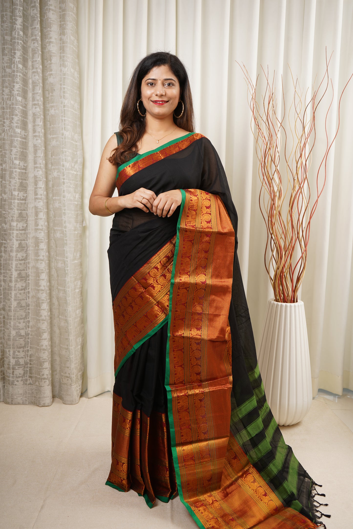 Narayanpet Mercerized Cotton Saree With Zari Border - Black