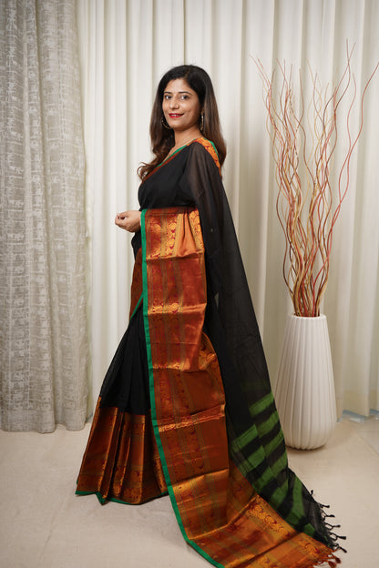 Narayanpet Mercerized Cotton Saree With Zari Border - Black