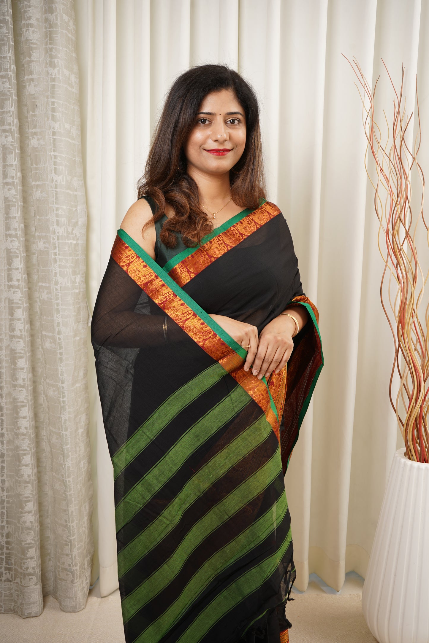 Narayanpet Mercerized Cotton Saree With Zari Border - Black