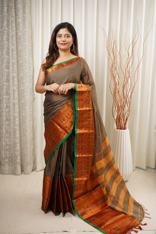 Narayanpet Mercerized Cotton Saree With Zari Border - Antique Gold 2