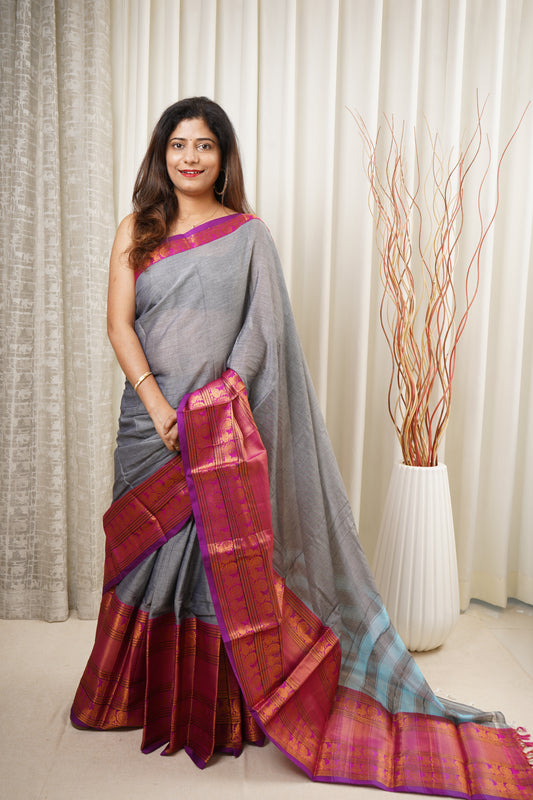 Narayanpet Mercerized Cotton Saree With Zari Border - Grey