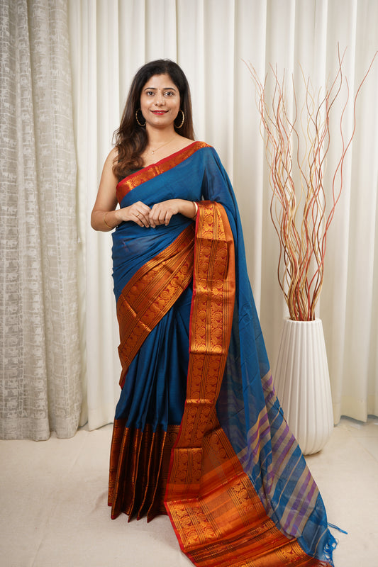 Narayanpet Mercerized Cotton Saree With Zari Border - Blue