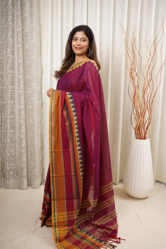 Narayanpet Mercerized Cotton Saree With Broad Border - Burgundy