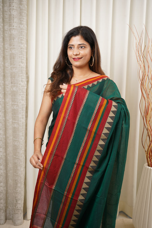 Narayanpet Mercerized Cotton Saree With Broad Border - Green