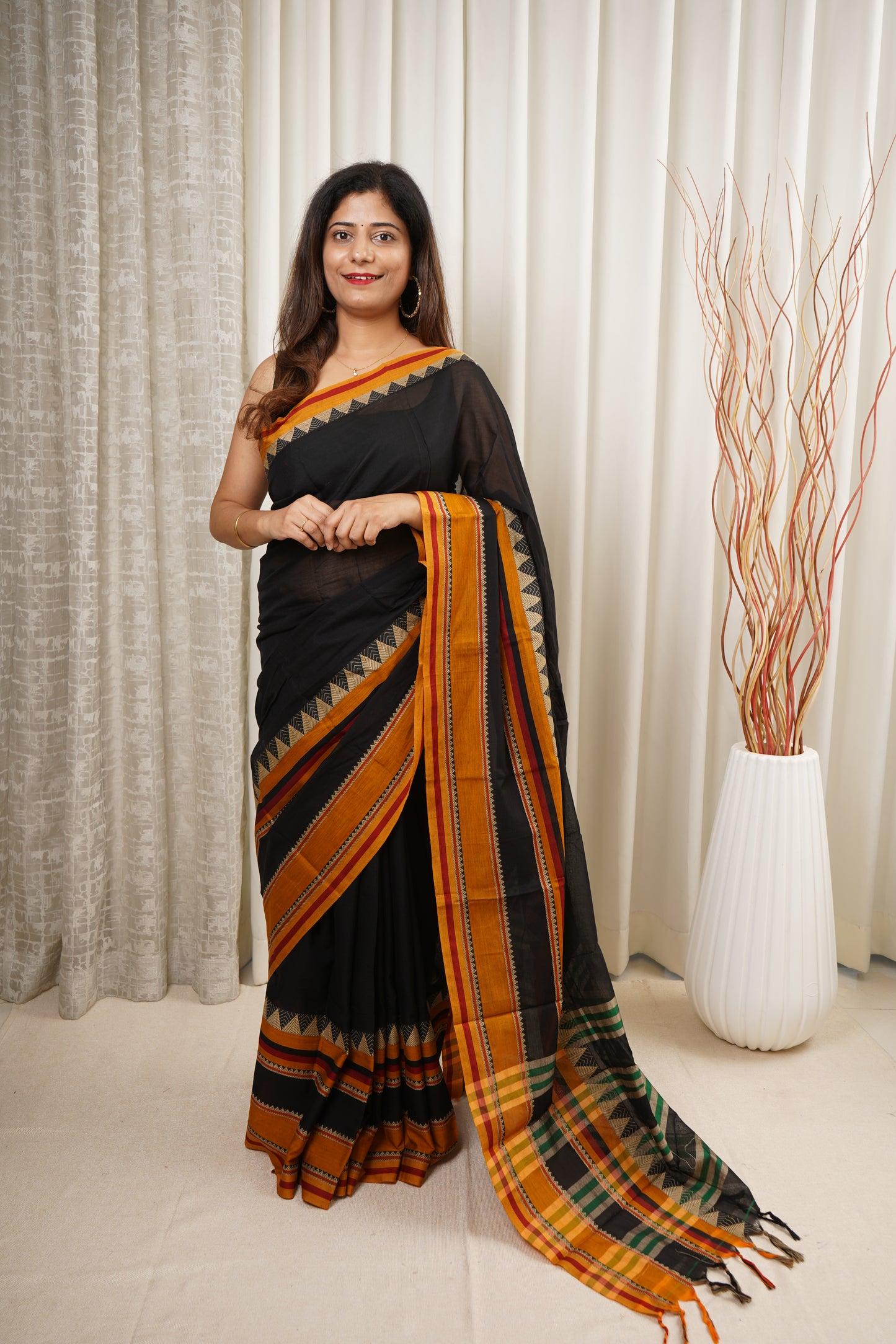 Narayanpet Mercerized Cotton Saree With Broad Border - Black