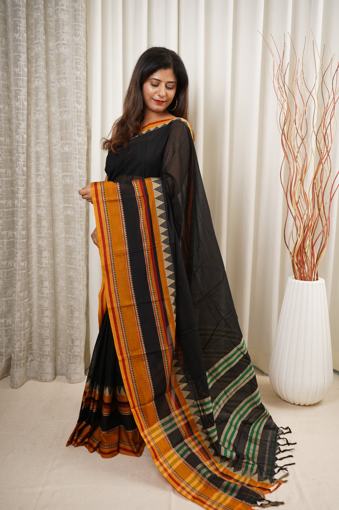 Narayanpet Mercerized Cotton Saree With Broad Border - Black