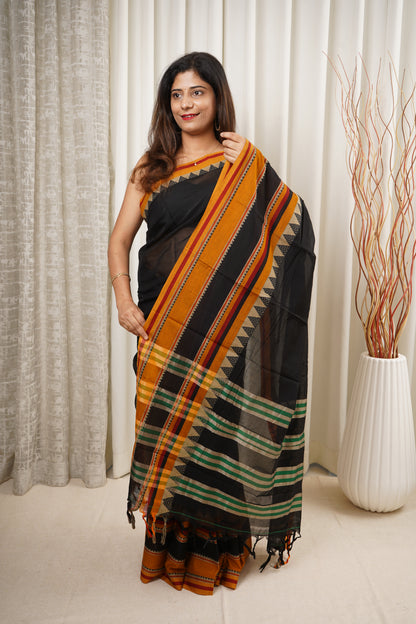 Narayanpet Mercerized Cotton Saree With Broad Border - Black