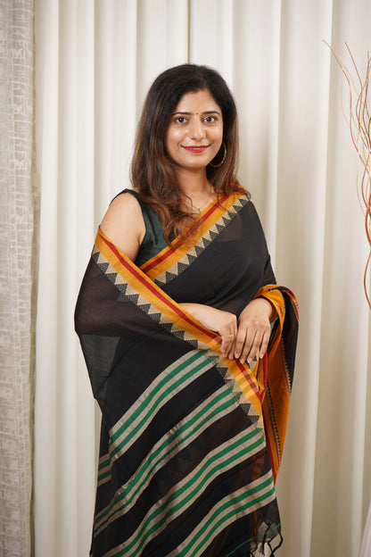 Narayanpet Mercerized Cotton Saree With Broad Border - Black