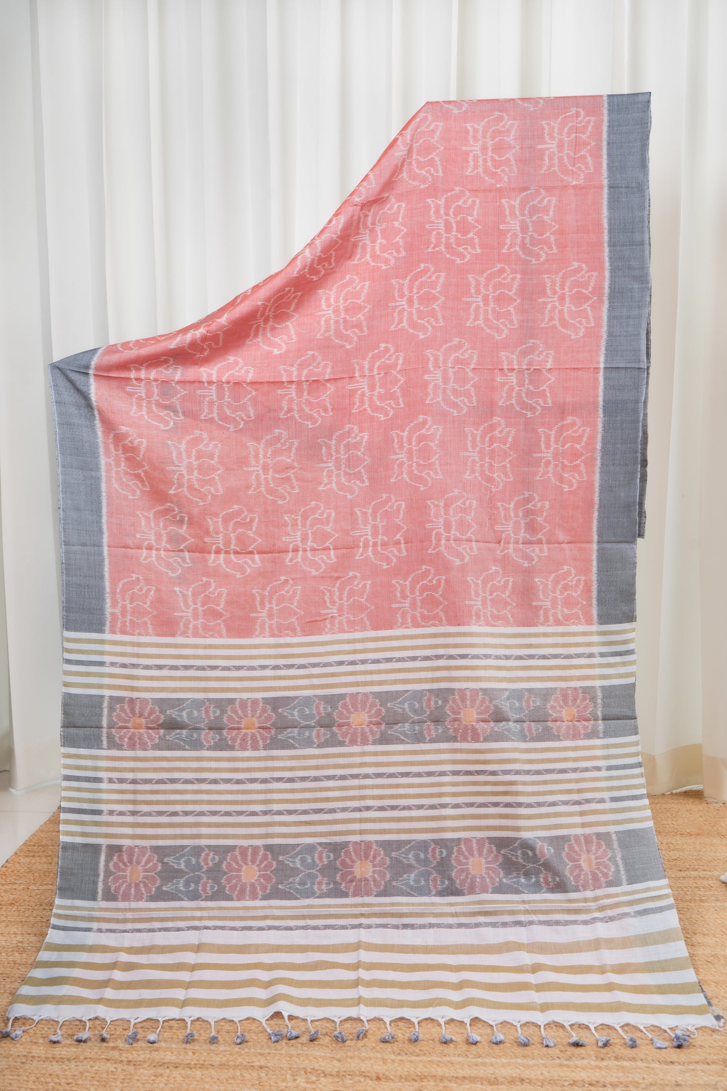 Odisha Ikkat Khandua Cotton Saree- Peach and Grey