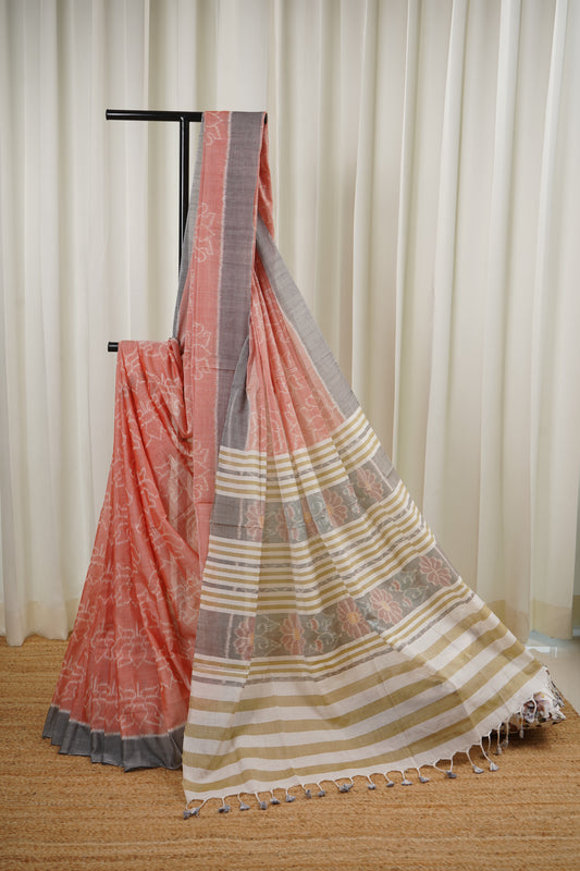 Odisha Ikkat Khandua Cotton Saree- Peach and Grey
