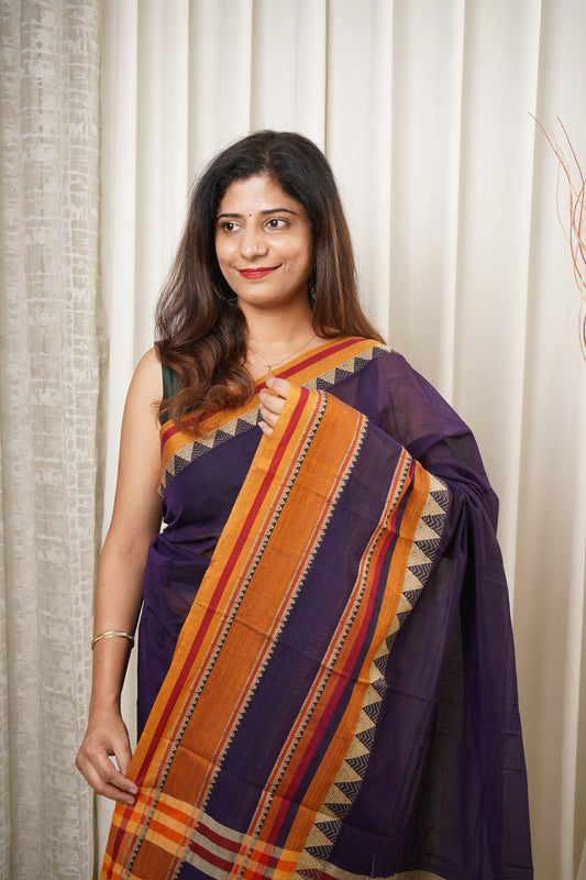 Narayanpet Mercerized Cotton Saree With Broad Mustard Border - Ink Blue