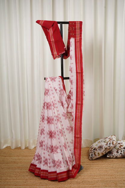 Exclusive Odisha Ikkat Khandua Cotton Saree - White Red