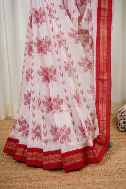 Exclusive Odisha Ikkat Khandua Cotton Saree - White Red