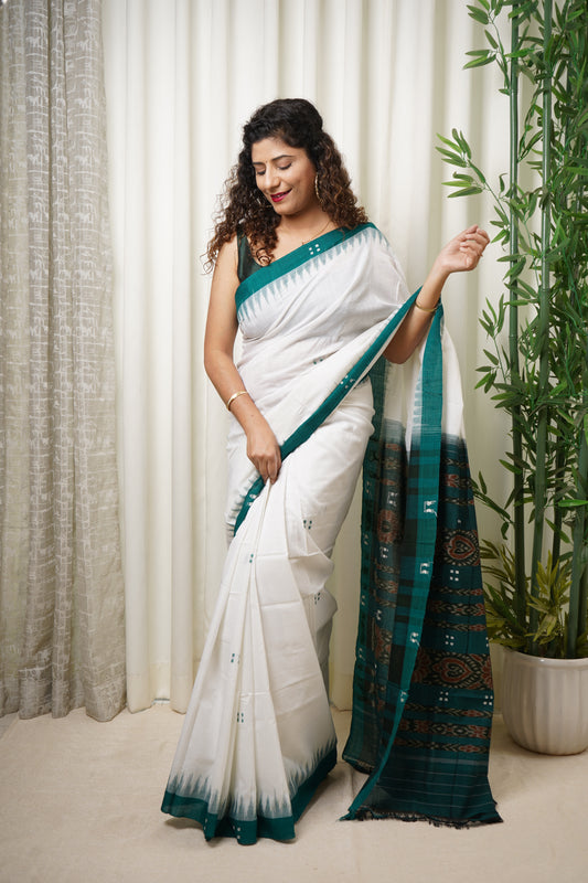 Ek Phulia Cotton Saree-White Green