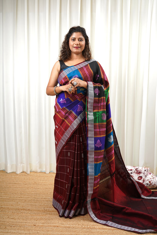 Exclusive Double Pallu Berhampuri Pure Silk Patta Saree - Dark Maroon